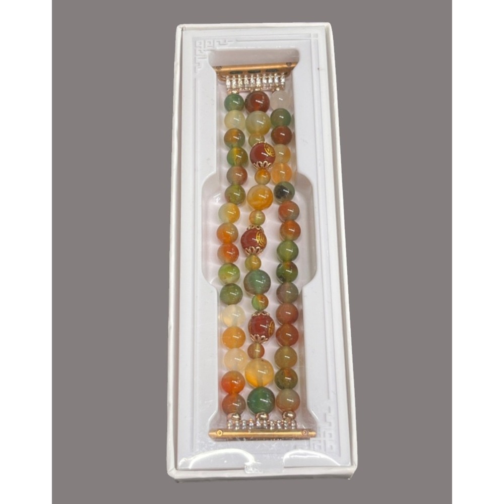 New 42MM APPLE WATCH COMPATIBLE Beaded Bracelet Band Gold Rust Green Red ASIAN
